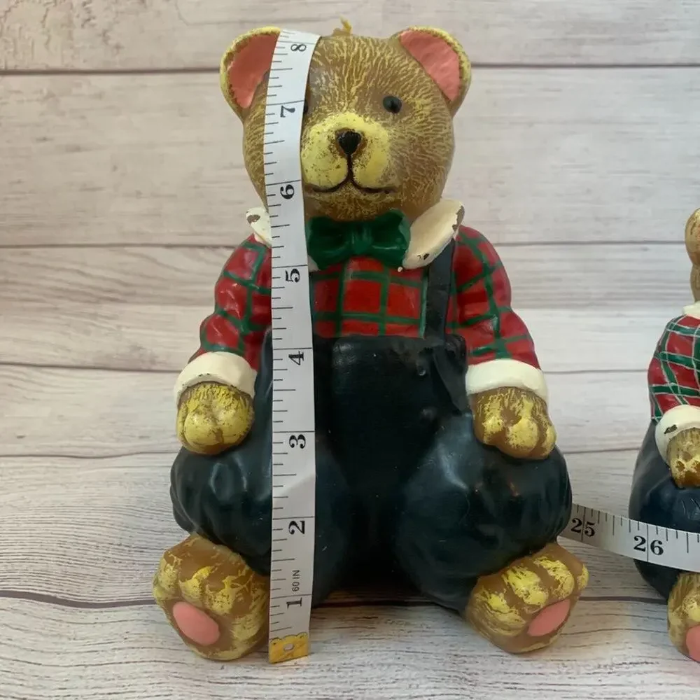 Vintage Teddy Bear Candles Set of 2 Bears with Bow Tie Plaid Shirt Overalls